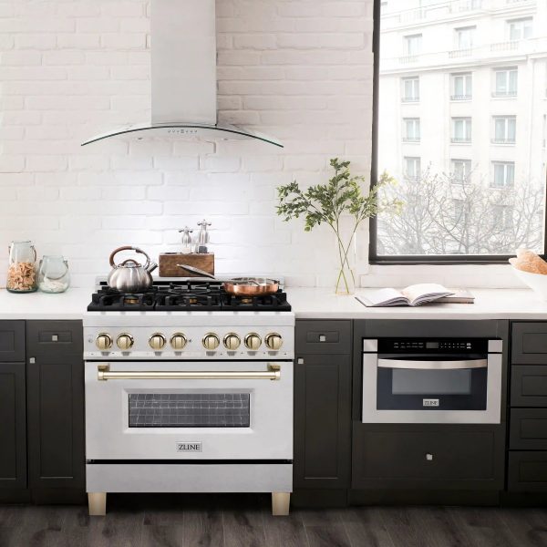 ZLINE Legacy Series Autograph Edition 36-inch Dual Fuel Range with Gas Stove and 4.6 Cu. Ft. Electric Oven in Fingerprint Resistant DuraSnow® Stainless Steel with Gold Accents (RASZ-SN-36-G) Online Sale - Image 2