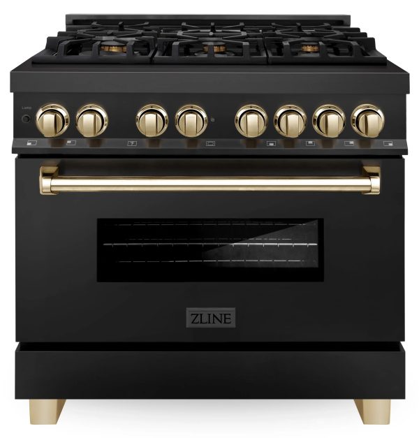 ZLINE Legacy Series Autograph Edition 36-inch Dual Fuel Range with 6 Gas Burner Stove and 4.6 Cu. Ft. Electric Oven in Black Stainless Steel with Gold Accents (RABZ-36-G) Supply
