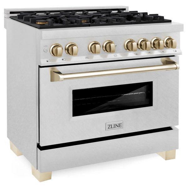 ZLINE Legacy Series Autograph Edition 36-inch Dual Fuel Range with Gas Stove and 4.6 Cu. Ft. Electric Oven in Fingerprint Resistant DuraSnow® Stainless Steel with Gold Accents (RASZ-SN-36-G) Online Sale - Image 5