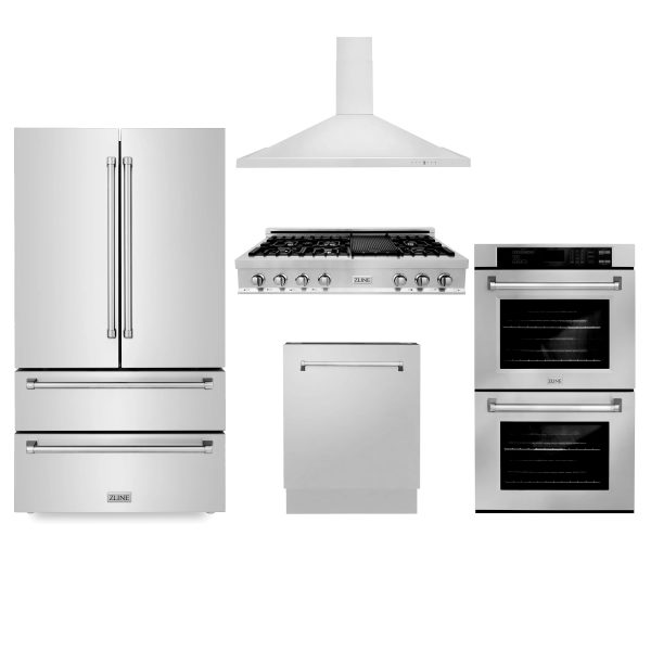 ZLINE 5-Piece Appliance Package - 48-Inch Rangetop, Refrigerator, 30-Inch Electric Double Wall Oven, 3-Rack Dishwasher, and Convertible Wall Mount Hood in Stainless Steel (5KPR-RTRH48-AWDDWV) Supply