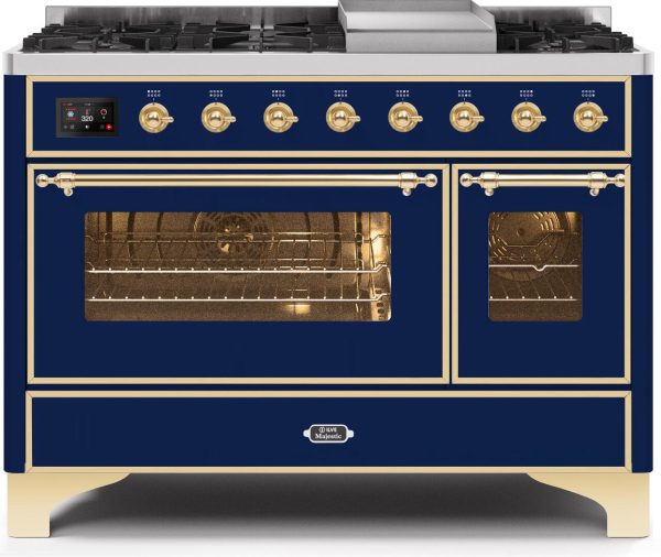 ILVE 48-Inch Majestic II Dual Fuel Range with 8 Burners and Removable Griddle - 5.02 cu. ft. Oven in Midnight Blue with Brass Trim (UM12FDNS3MBG) For Sale