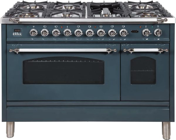 ILVE 48-Inch Nostalgie Series Freestanding Double Oven Dual Fuel Range with 7 Sealed Burners and Griddle in Blue Grey with Chrome Trim (UPN120FDMPGUX) For Discount