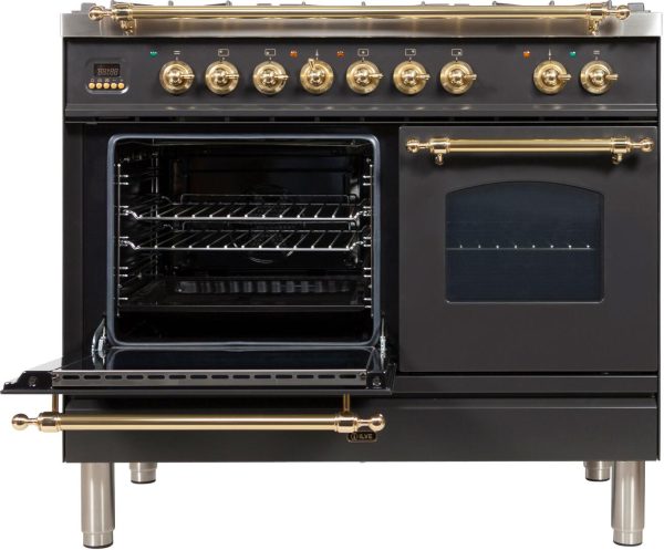 ILVE 40-Inch Nostalgie - Dual Fuel Range with 5 Sealed Brass Burners - 3.55 cu. ft. Oven - Griddle with Brass Trim in Matte Graphite (UPDN100FDMPM) For Sale - Image 2