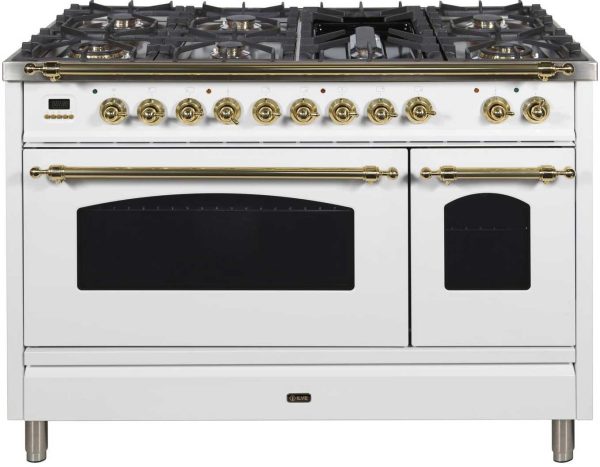 ILVE 48-Inch Nostalgie - Dual Fuel Range with 7 Sealed Burners, 5 cu. ft. Oven and Removable Griddle with Brass Trim in White (UPN120FDMPB) For Sale