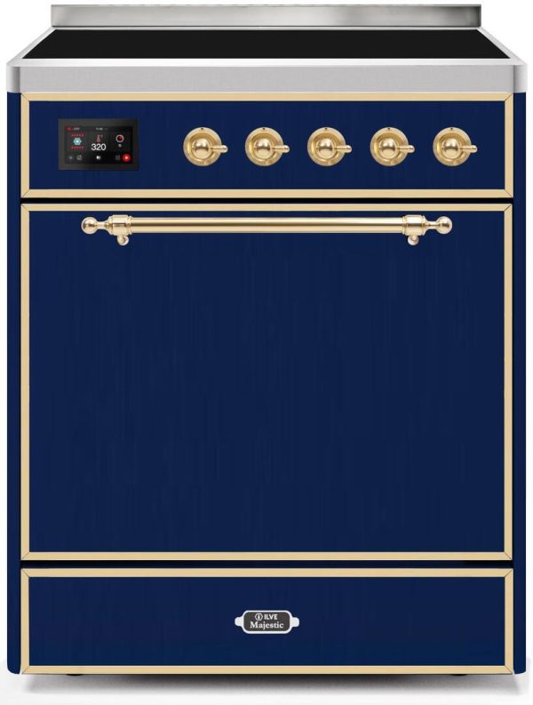 ILVE 30-Inch Majestic II induction Range with 4 Elements and 4 cu. ft. Solid Door Oven in Midnight Blue with Brass Trim (UMI30QNE3MBG) Sale