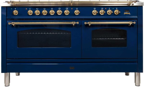ILVE 60-Inch Nostalgie - Dual Fuel Range with 8 Sealed Burners - 5.99 cu. ft. Oven - Griddle with Brass Trim in Blue (UPN150FDMPBL) For Cheap